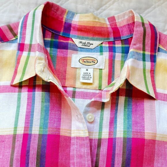 Talbots Irish Linen Madras Plaid Button Down Crisp Linen Pink and Blue Women's M - Picture 2 of 7